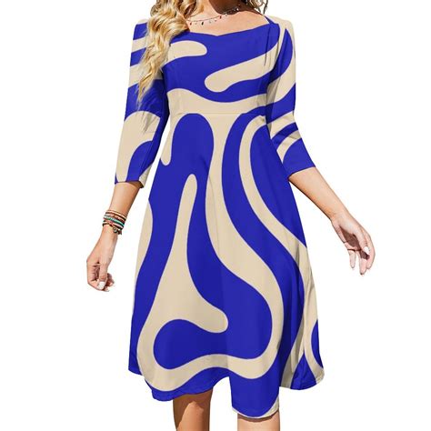 Abstract Blue Beige Swirl Art Women's 3/4 Sleeve Dresses Elegant A-Line ...