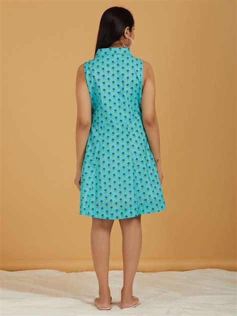 Buy Blue Hand Block Printed Cotton Dress | SDBA/IKK3 | The loom