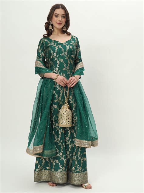 Forever Green Zari Silk Kurti with Palazzo and Net Stone Dupatta ...