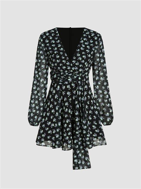 Woven Floral V-neck Knotted Mini Dress For Vacation