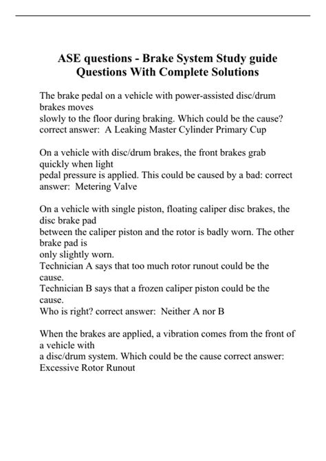 ASE questions - Brake System Study guide Questions With Complete ...