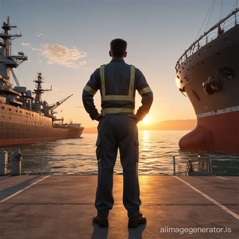 Marine Engineer Standing in Front of Ship at Sunrise Port | AI Image ...