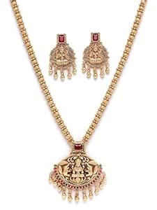 Buy Karatcart Red Stone Gold Plated Laxmi Mata Engraved Long Temple ...
