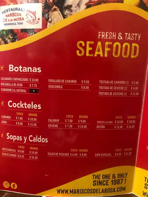 Menu at Mariscos De La Rosa restaurant, Brownsville, Padre Island Hwy