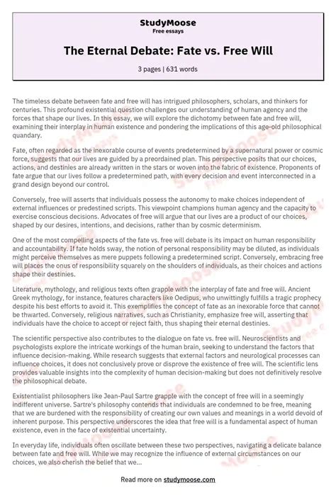 The Eternal Debate: Fate vs. Free Will Free Essay Example