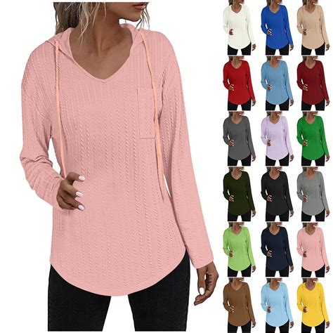 BiZtdJrK Women's Loose V Neck Hoodies Long Sleeve Texture Hem Hooded ...