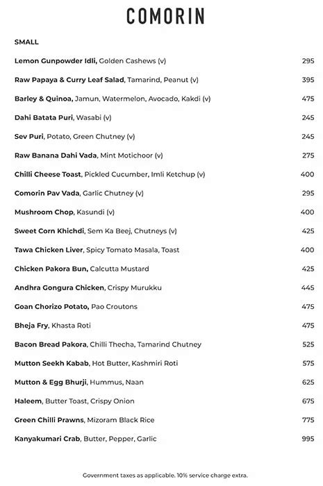 Menu of Comorin, DLF Phase 5, Gurgaon | September 2023