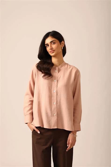 Shop Elm Shirt: Chinese Collar Linen in Powder Puff