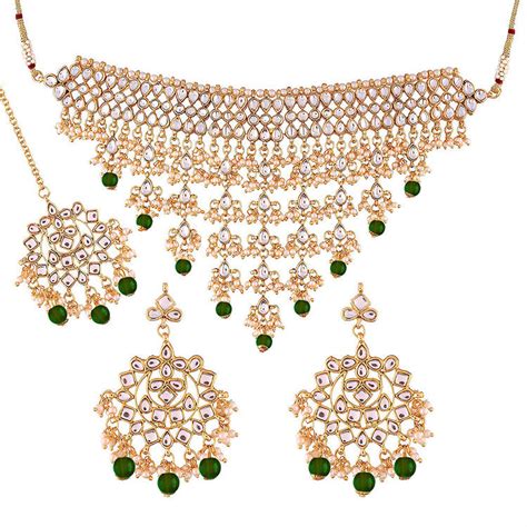 Etnico 18K Gold Plated Traditional Kundan & Pearl Studded Choker Neckl ...
