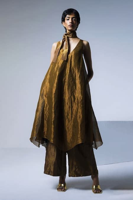 Buy Gold Handloom Cotton V-neck Tent Goa Asymmetric Hem Dress For Women ...