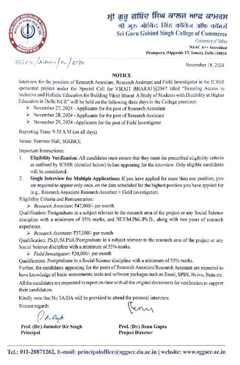Notice for Research Positions Interview - ICSSR Project at SGGSCC - Studocu