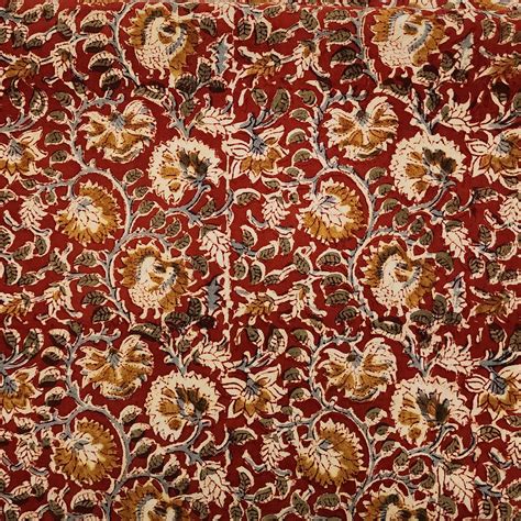 Pure Cotton Kalamkari Red With Mustard Flowers Jaal Hand Block Print F ...