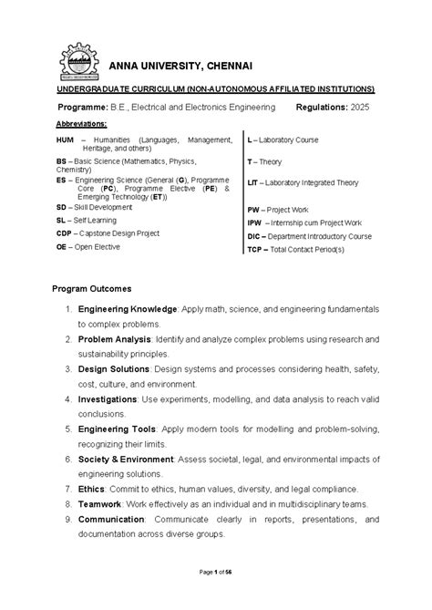 B.E. EEE Curriculum Overview and Course Details (Regulations 2025 ...