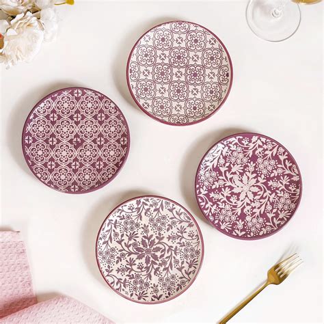 Floral Design Ceramic Dessert Plate Set Of 4 White Mauve 15cm Online ...