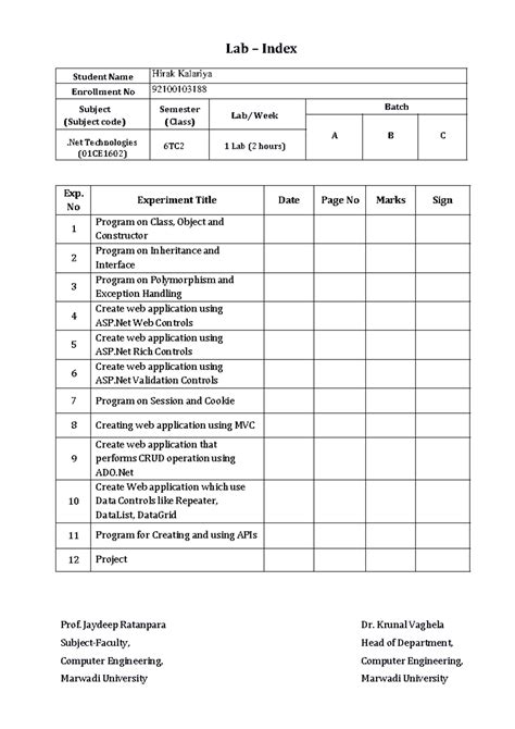 Index - Lab – Index Student Name Enrollment No Subject (Subject code ...