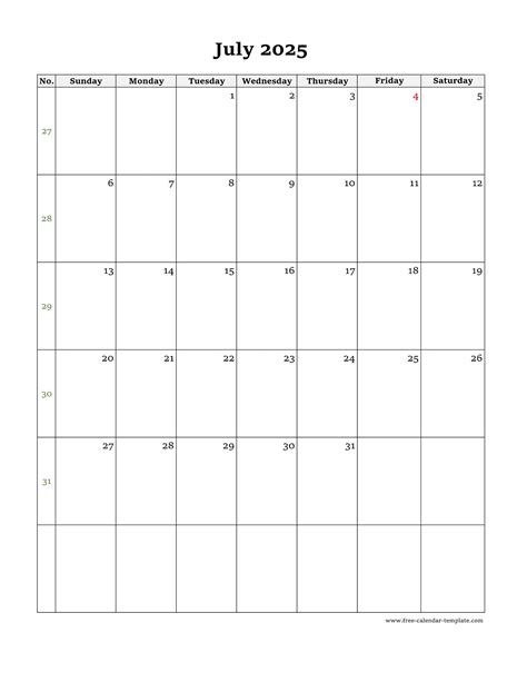 July Calendar 2025 simple design with large box on each day for notes ...