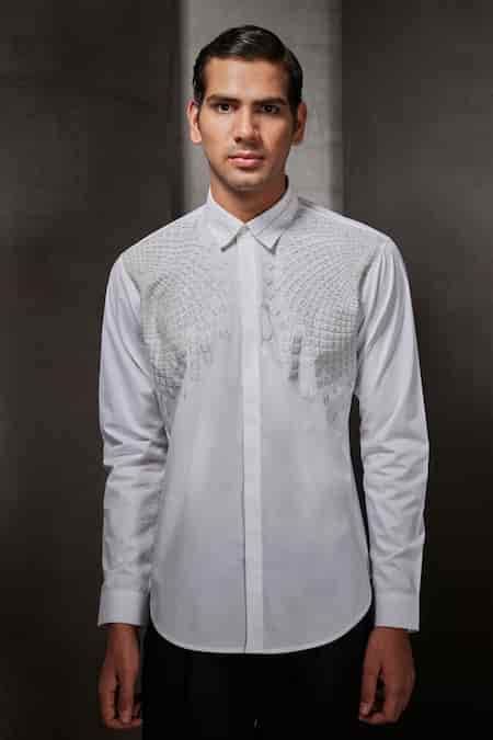 Buy White Cotton Embroidery Dori Work Shirt For Men by Rohit Gandhi ...