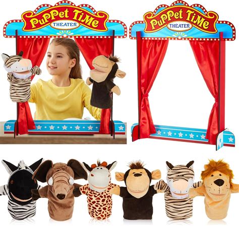 Amazon.com: Seenelling 7 Pcs Wooden Puppet Show Theater for Kids Animal ...
