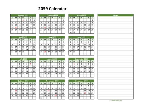 Yearly Printable 2059 Calendar with Notes | WikiDates.org