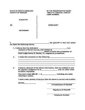 Fillable Online marionsc Civil Complaint Form - Marion County, SC ...