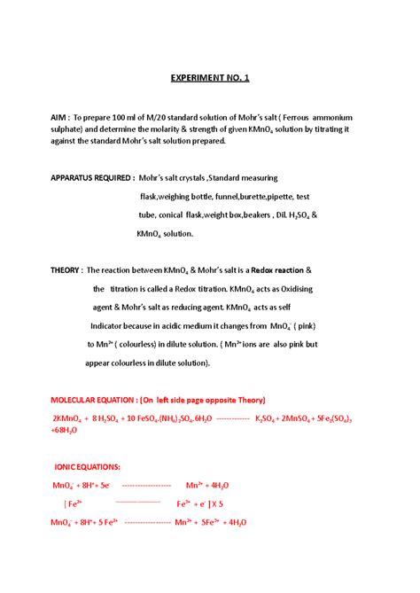 Experiment no. 1( Mohr's salt titration) - EXPERIMENT NO. 1 AIM : To ...