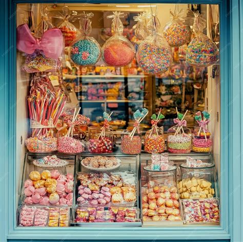 Candy shop window with an array of sweet treats and confections ...