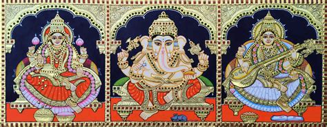 Lord Ganesha, Goddess Lakshmi and Goddess Saraswati in Tanjore Art