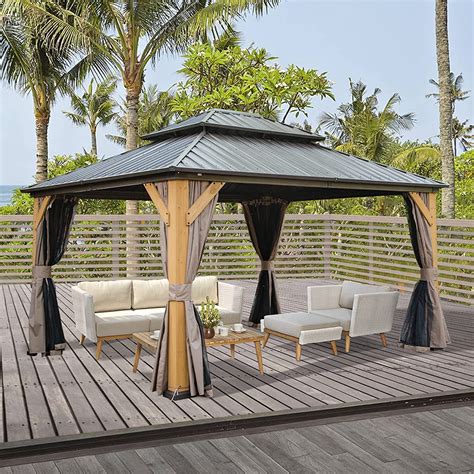 Domi 12x14 ft Wood Gazebo, Cedar Wood Frame Hardtop Gazebo with ...