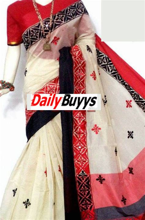 White & Red Bangladeshi Pure Cotton Kathiawari Sarees – Dailybuyys
