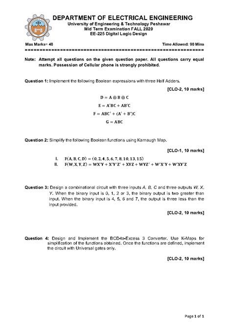 Midterm Exam EE-225 DLD Fall 2020: Subjective Questions & Solutions ...