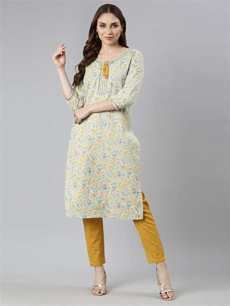 Neerus Yellow Regular Straight Woven Design Kurtas – Neerus India