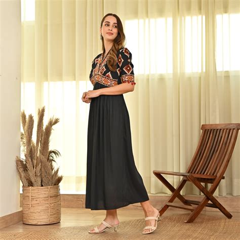 Buy Black V Neck Gathered Dress with Puff Sleeves | Rustorange