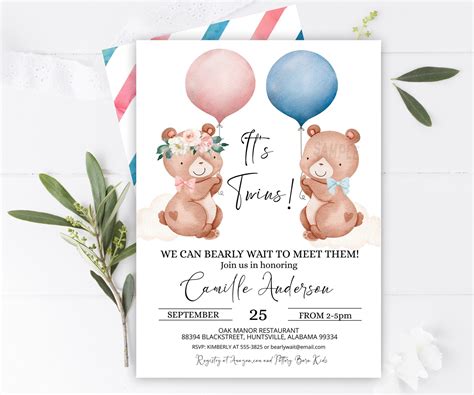 Boy Girl TWINS Baby Shower Invitation Bears Pink Blue Balloons - Etsy