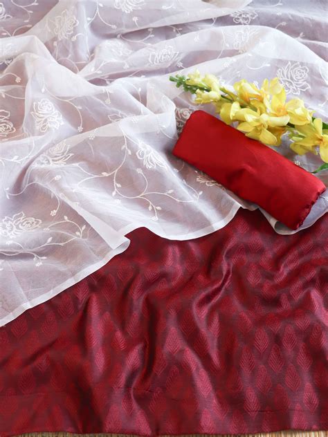 Banarasee Brocade Salwar Kameez Fabric With Organza Dupatta-Maroon & W
