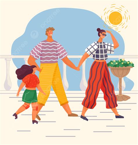 Happy Family Is Walking In The Park During The Torrid Summer, Scorching ...