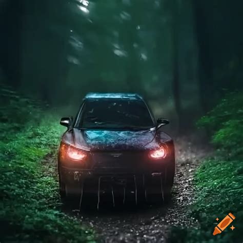 Car in the deep woods at night in the rain on Craiyon