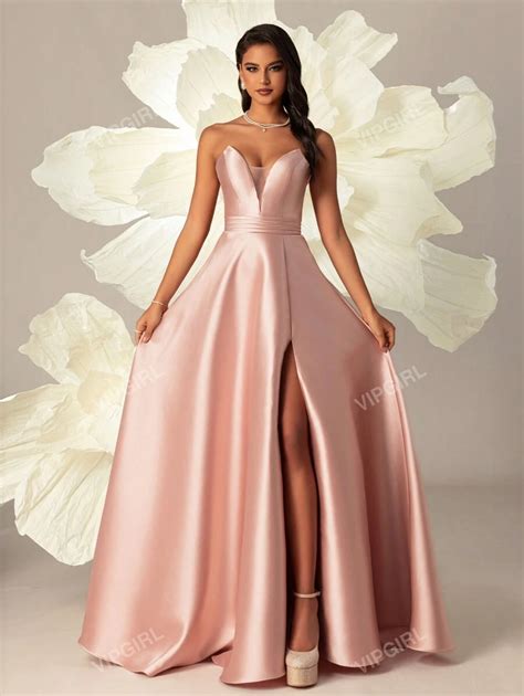VIPGIRL Elegant Rose Gold Satin Deep V-Neck A-Line Long Gown With High ...