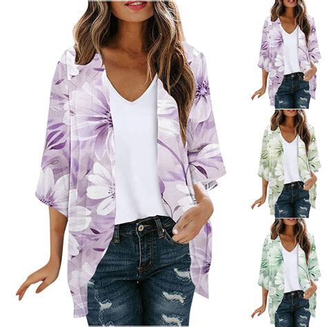 Meichang Womens Cardigans Lightweight Floral Print 3/4 Sleeve Chiffon ...