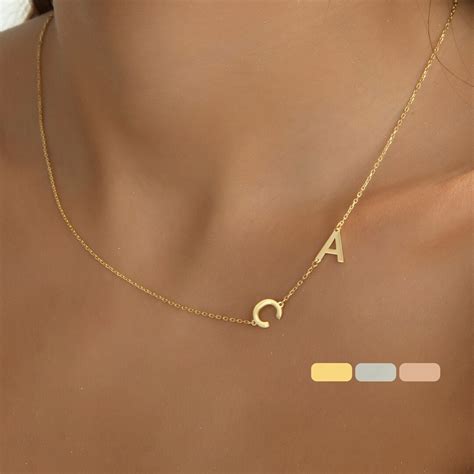 14K Solid Gold Side Initial Necklace Personalized Side - Etsy