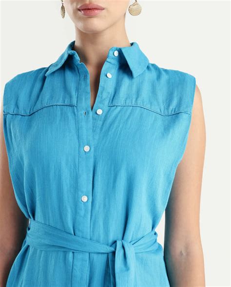 Rareism Women's Zolaa Blue Linen Spread Collar Plain Sleeveless Mini R