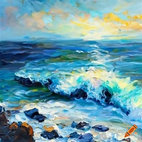 Impressionist painting of ocean waves crashing onto rocky shore on Craiyon