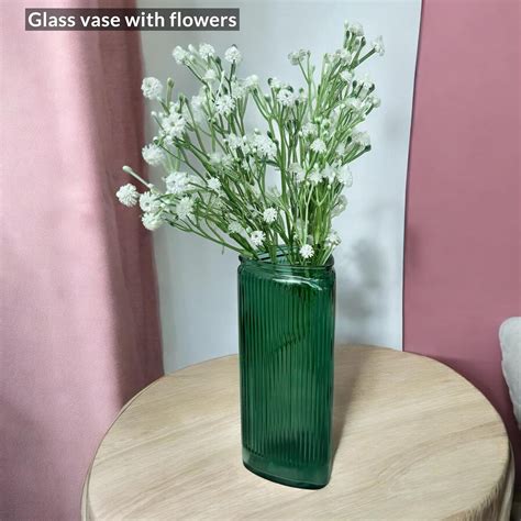 Green Ribbed Triangle Bottle Shape Glass Vase with Flower Sticks, Tran ...