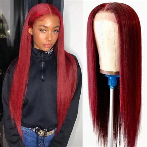Burgundy Synthetic 13x4 Lace Front Wig Middle Part Of Long Straight ...