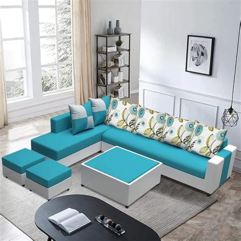 FURNY Erra 8 Seater Fabric LHS L Shape Sofa Set with 1 Centre Table & 2 ...