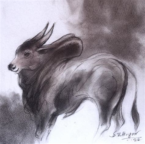 "Bull 9": Grey Charcoal Drawing (8x8) by Shivu Hugar – ArtZolo.com
