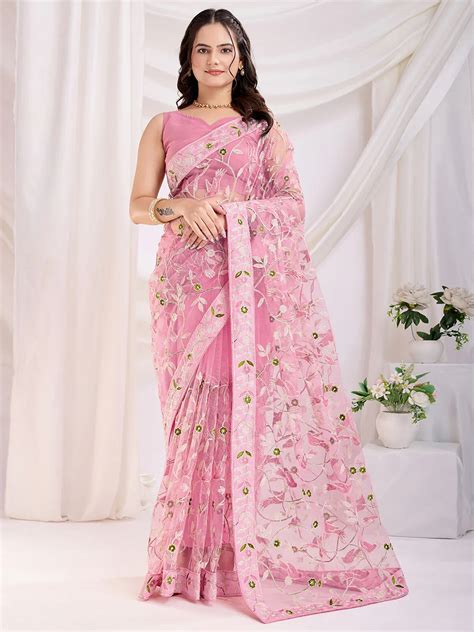 ⚡️Buy Stunning Pink Thread Embroidered Net Festival Wear Saree With ...
