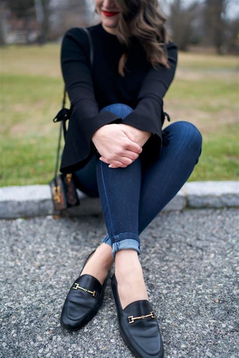 Black Gucci style leather loafers outfit for fall Leather Loafers ...