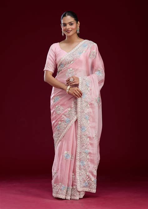 Buy Baby Pink Zariwork Tissue Saree - Koskii