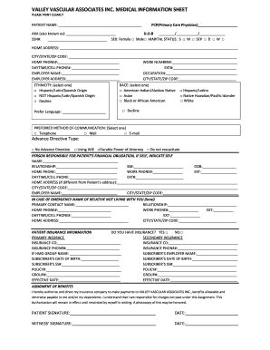 CA Valley Vascular Associates Medical Information Sheet 2015-2025 ...