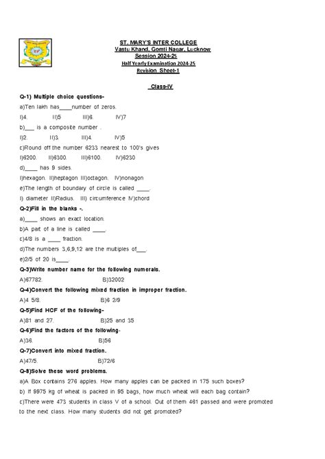 Revision sheet class 4th hy Maths - ST. MARY’S INTER COLLEGE Vastu ...